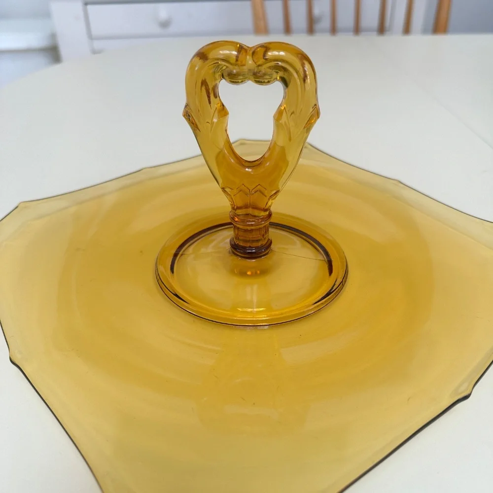 Vintage Amber Glass Serving Plate Center Heart Shaped Handle